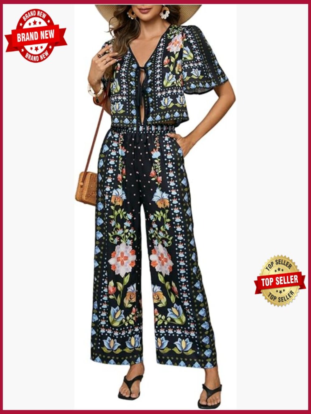 Women's Boho Floral Palazzo Pants Set 2 Piece Wide Leg Vacation Outfit